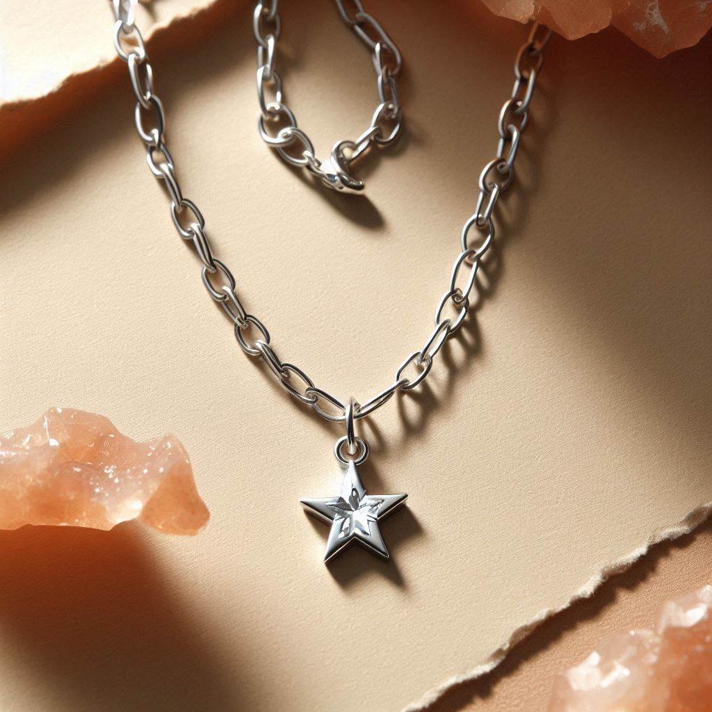 A silver, star shaped women's necklace.